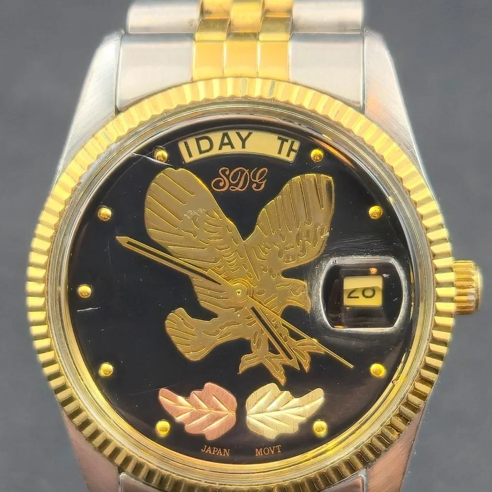 Vintage Presidential Style SDG Gold Eagle Motif‎ Black Dial Two-Tone Wristwatch